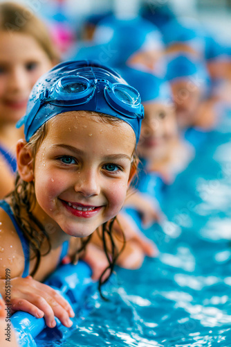 Close-up of a smiling girl wearing a swimming cap. In the background, there are other children wearing mouthguards and a swimming pool with lanes; children's sports, swimming, and summer vacations.