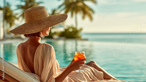 Relaxing by the water — a woman in a hat with a cocktail by the pool and the sea.
