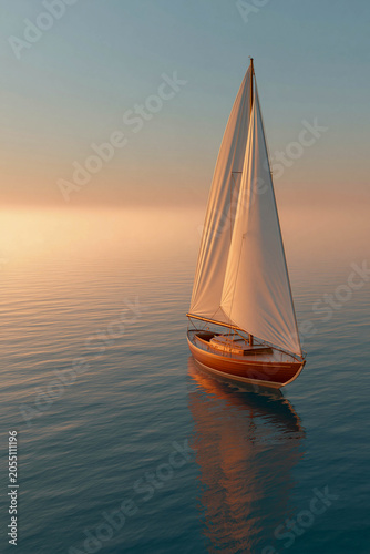 A sailing yacht at sunset - a solo voyage on a calm sea. For topics about yachting, sea tourism, vacations, stylish life, and natural beauty.