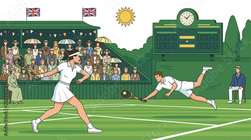 Illustration of a vintage tennis match on a grass court with a female player and a diving male player, watched by a crowd.