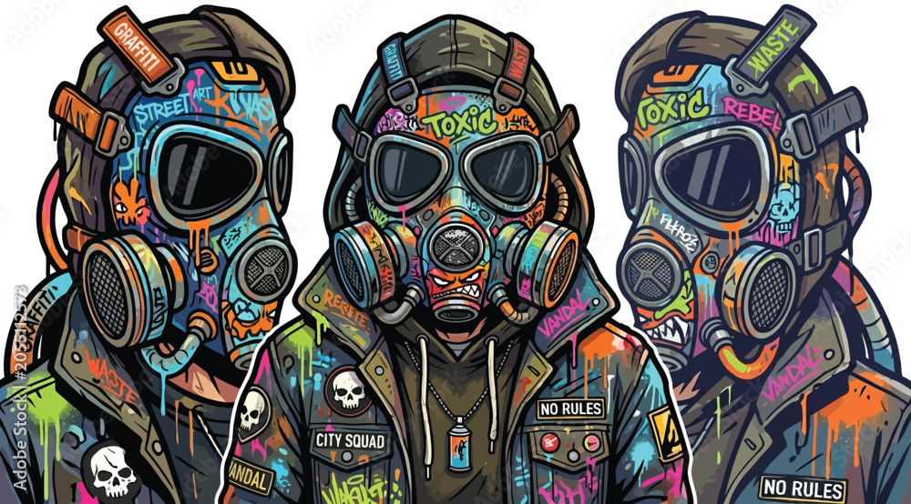 Obraz premium Three characters wearing graffiti painted gas masks