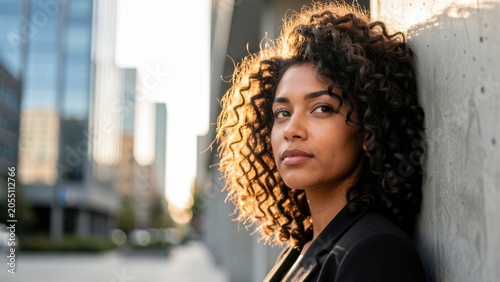 thoughtful confident diverse young woman portrait outdoors golden hour urban setting professional fashion advertising bokeh light