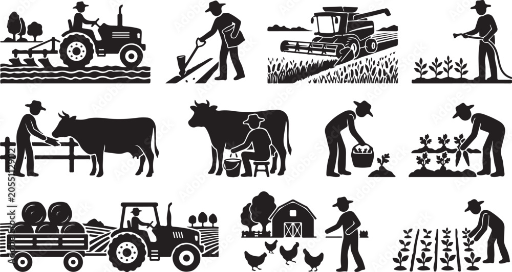 Fototapeta premium farming activity silhouette black clipart illustration design