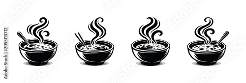 Obraz na płótnie Four steaming bowls of soup with spoons and chopsticks, black and white illustra