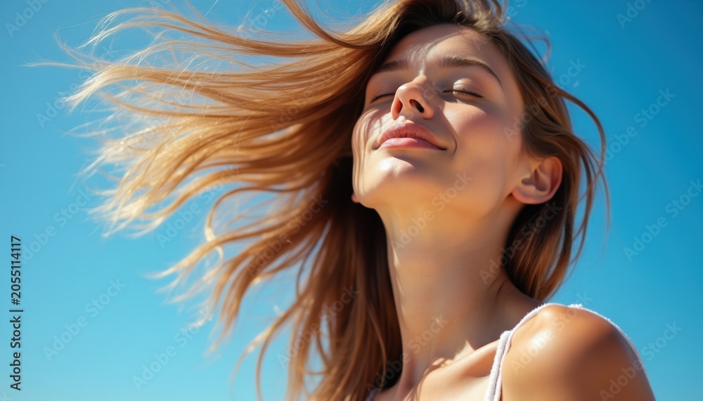 Naklejka premium Young woman enjoys sunlit sky, wind blows her hair back. She smiles with eyes closed, feeling warm breeze. Natural beauty, outdoor portrait, pure happiness, freedom.