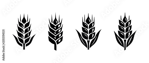 Collection of stylized wheat ears in black and white vector graphics