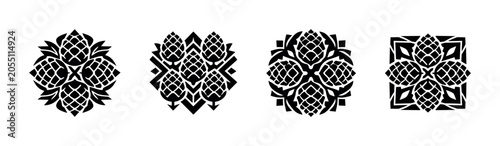 Set of four black and white stylized hop cone emblems with symmetrical designs