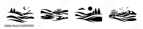 Foto Silhouette landscapes with mountains, trees, and water features in black