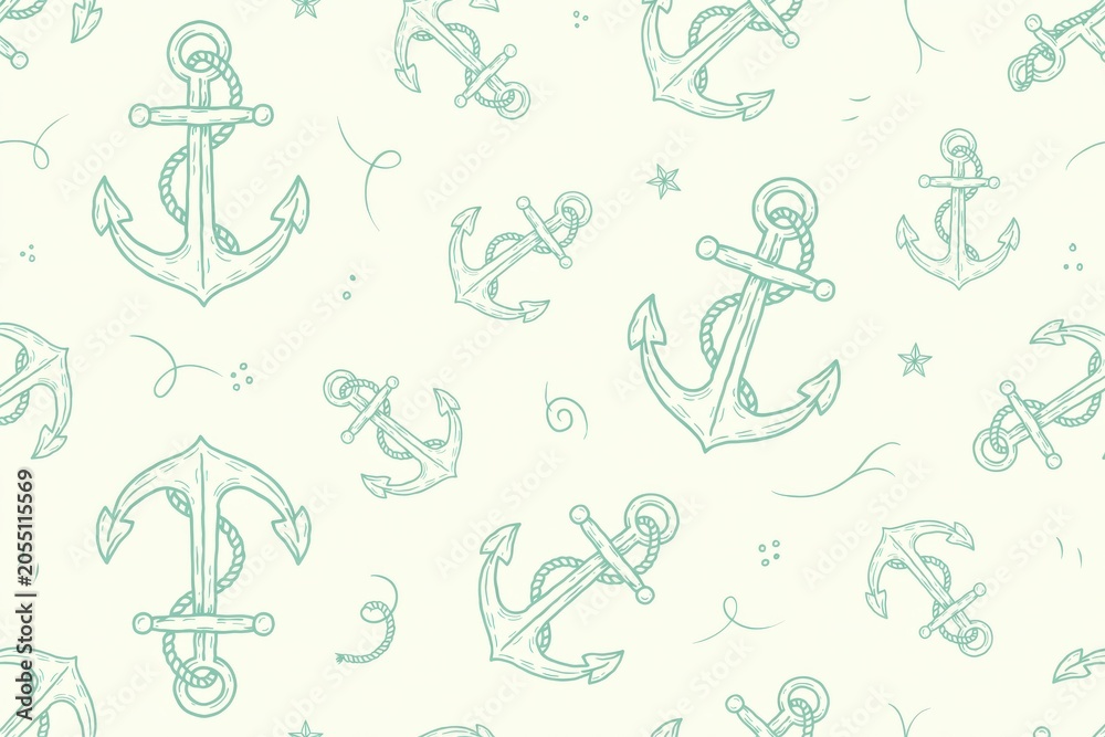 Fototapeta premium Seamless pattern with teal nautical anchors and swirls on a light cream background, for marine themed, fabric and wallpaper prints