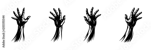 Konstfotografi Four reaching hands in a dramatic black and white illustration style