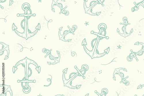 Seamless pattern with teal nautical anchors and swirls on a light cream background, for marine themed, fabric and wallpaper prints