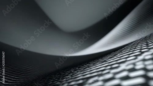 Abstract 3D background featuring smooth metallic waves and geometric mesh patterns in monochrome tones. Modern digital art design with futuristic and minimalistic aesthetics