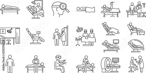 Schilderij op canvas Medical and dental treatment line icon set with examination, surgery, consultati