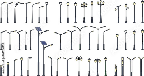 Foto Street light poles collection, modern city lampposts, solar powered lights and v
