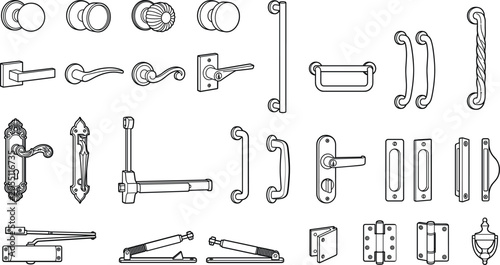 Door hardware icons set, metal handles, hinges, knobs and closers vector outline linear illustration collection