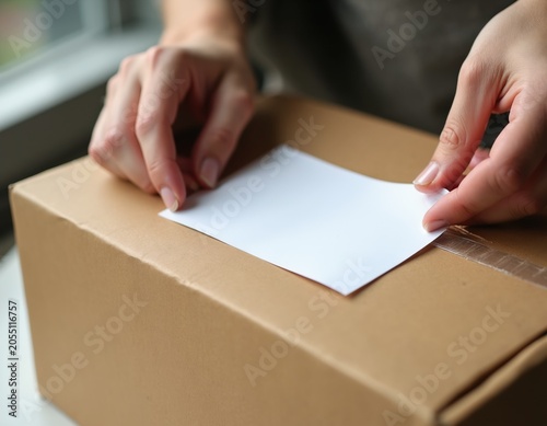 Hands affix blank label to cardboard box. Person prepares parcel for shipment. Preparing package for delivery or sending. Labeling shipment ready to go.