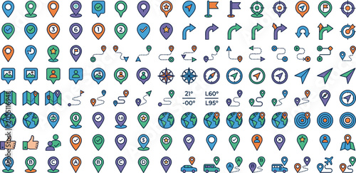 Schilderij op canvas Map pin icons set, navigation location pointers, route markers, globes and compa
