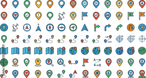 Schilderij op canvas Map pin icons set, navigation location pointers, route markers, globes and compa