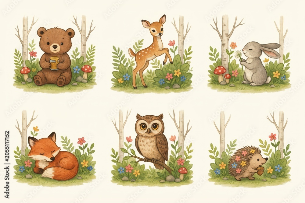 Naklejka premium Set of six square featuring cute woodland animals like a bear, deer, rabbit, fox, owl, and hedgehog in forest scenes with trees