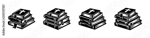 Foto Collection of Holy Bibles stacked neatly with crosses on covers