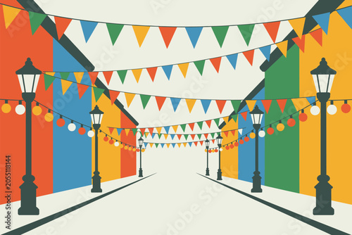 Colorful Street Fair with Bunting Flags and String Lights Illustration