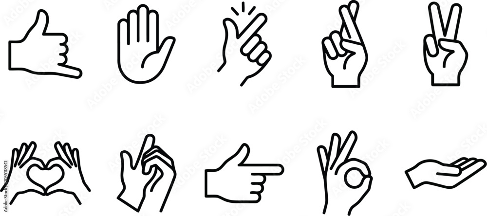 Fototapeta premium Set of hand gesture icons showing communication signs isolated on a white background for digital design.