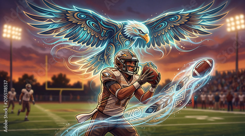 Respectful Native American indigenous inspired digital illustration layering detailed feather arrays over eagle head