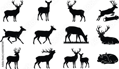 Set of various black deer silhouettes isolated on a white background for design and creative project use.