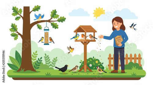 Quadro su tela Woman feeding wild garden birds in a sunny backyard sanctuary