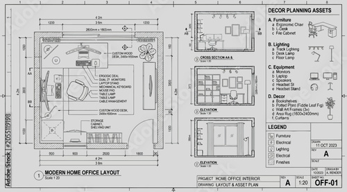Fotografie Modern home office layout and furniture plan with decor planning assets and tech