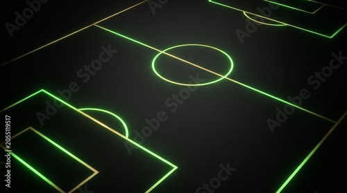 Neon green glowing soccer field lines on dark background