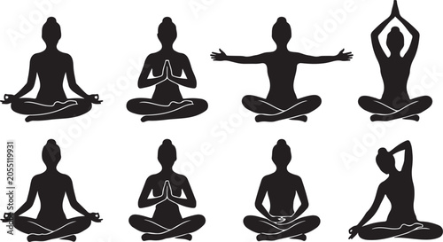 Fotografía Eight yoga meditation poses silhouette icons