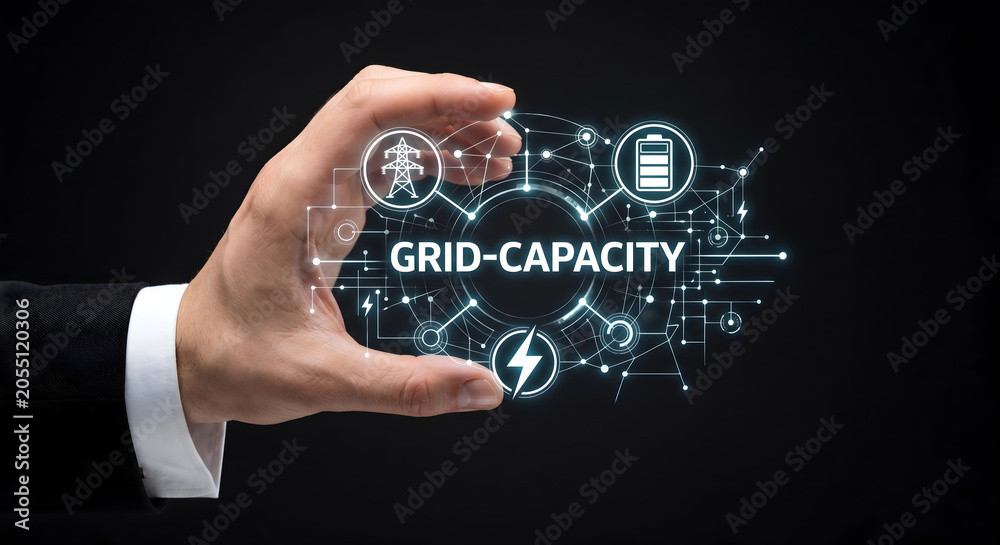 Obraz premium Grid capacity concept with businessman hand holding power icons and network.