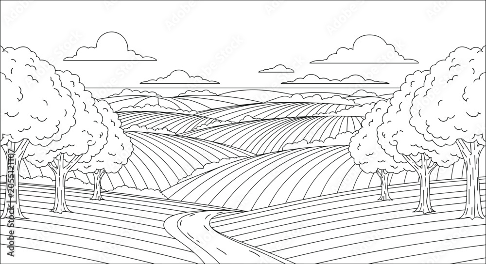 Obraz premium Simple black and white line art coloring page of a rural landscape with rolling hills trees clouds and a winding road for kids.