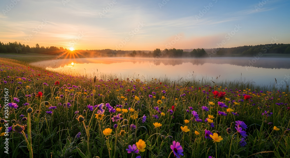 Naklejka premium Sunrise Over Wildflower Meadow and Serene Lake