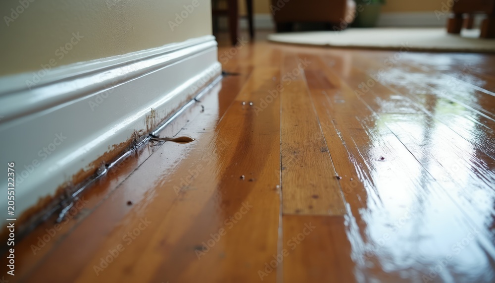 Obraz premium Standing water on polished hardwood floor near baseboard suggests water damage and a possible leak. This image illustrates issues in a home interior. Need for repair.
