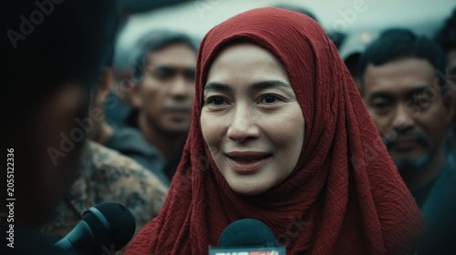 Woman wearing traditional head covering speaks directly to a handheld microphone held by an unseen interviewer amidst a crowd.