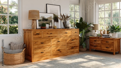Warm wooden bedroom storage units sit beneath bright sunlit windows overlooking lush greenery