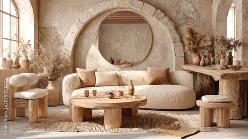 Earthy tones and natural textures create a serene bohemian living space interior