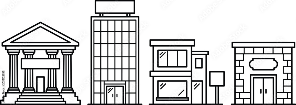Obraz premium City building real estate line icon set featuring government courthouse bank skyscraper office tower retail shop storefront and residential brick houses