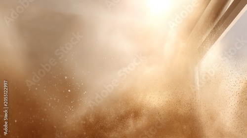 Intense cloud of fine particulate matter obscures a bright light source and structural elements
