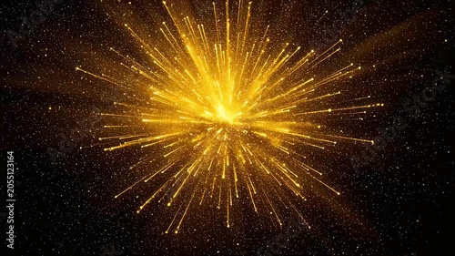 Golden sparks and flames radiate intensely from the center of a black background.