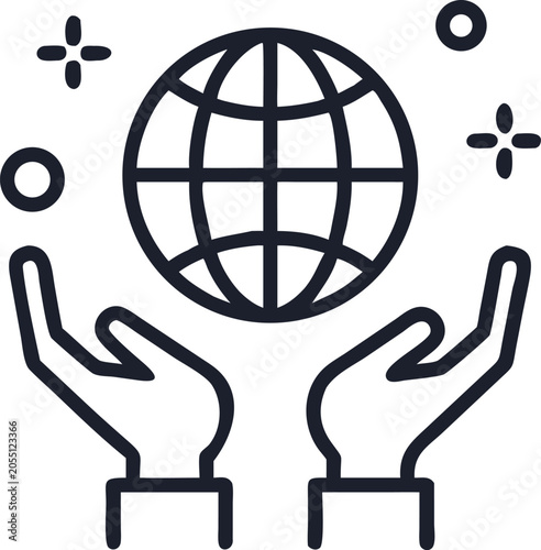 Hands holding Earth globe for global community and environmental conservation outline icon