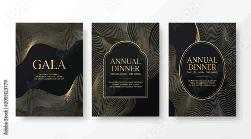 Bild auf Leinwand Luxury gala and annual dinner invitation card templates with gold wavy line patt