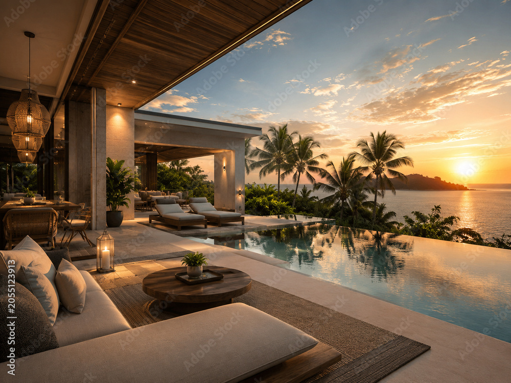 Fototapeta premium Luxury beach resort terrace with infinity pool at sunset