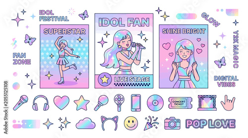 Fotografie Pop idol music festival with holographic anime characters and icons