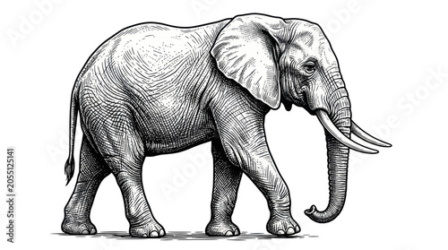 Obraz na plátně African elephant walking side view in detailed engraving style