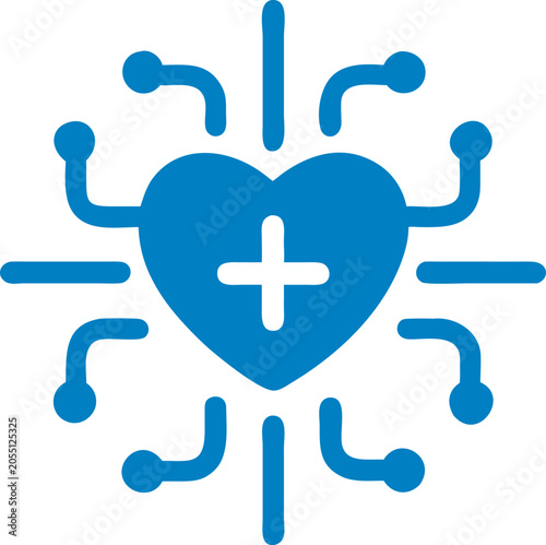 Solid blue neural pathways circuit heart with medical emergency plus cross icon