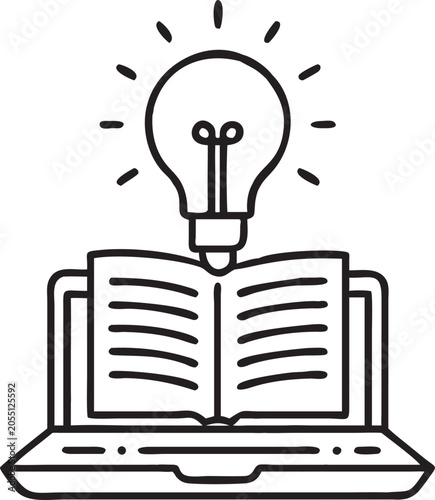 An open study notebook with glowing electric lightbulb sprouting from middle pages icon