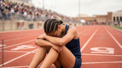 Female Sprinter Sitting on Track with Head Down After Defeat in Stadium for Sports Mental Health and Performance Pressure Editorial